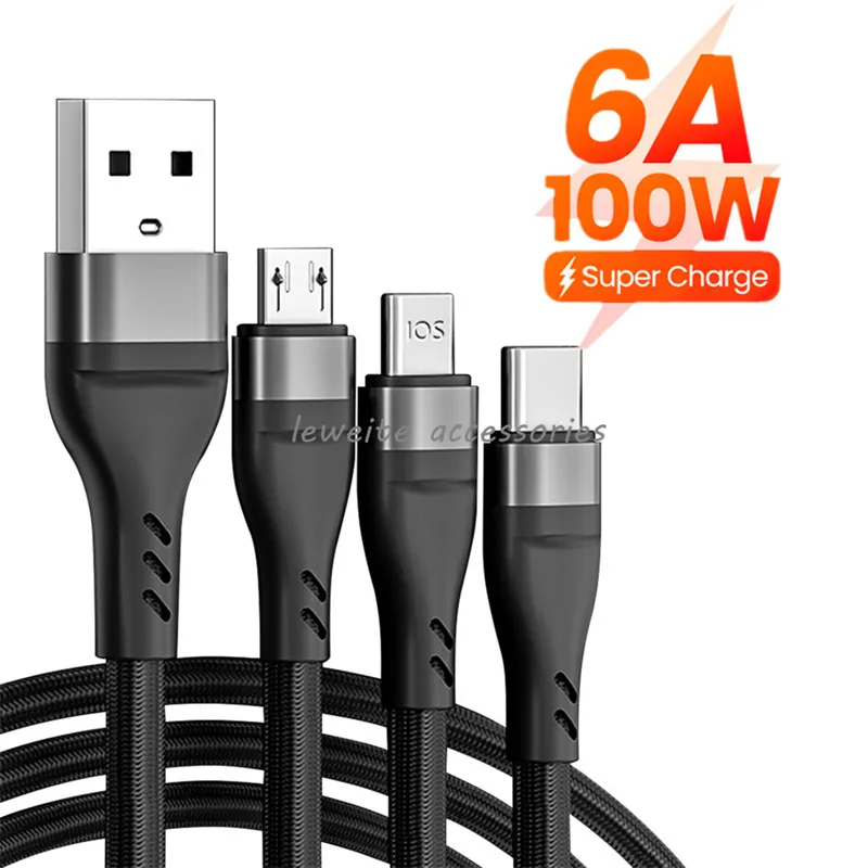 100W 6A USB Typ C-kabel Supersnabb laddningskabel för iPhone Samsung Xiaomi Mobiltelefon 3 IN 1 USB-laddardatakabel 1,2m