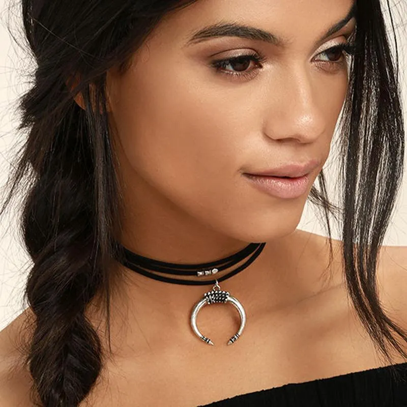 Choker Black Vintage Moon Horn hanger mode etnische claviculaire keten vrouwen ketting multi-layer feestclub street sieraden chokers