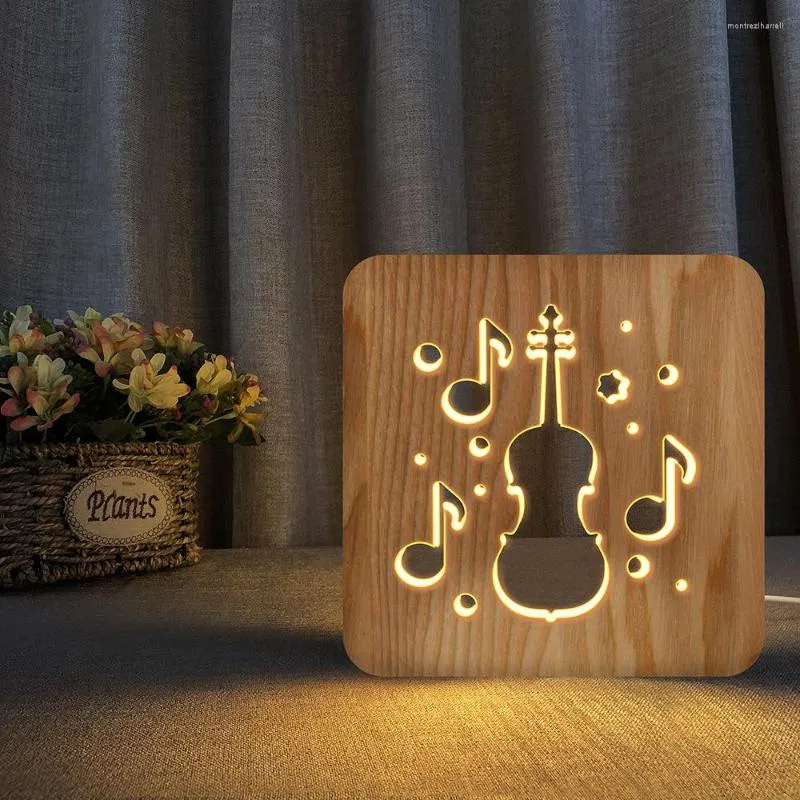 Tafellampen cello 3d houten vaste snij holle holte creatieve lamp bed slaapkamer nachtlichten huizendecoratie
