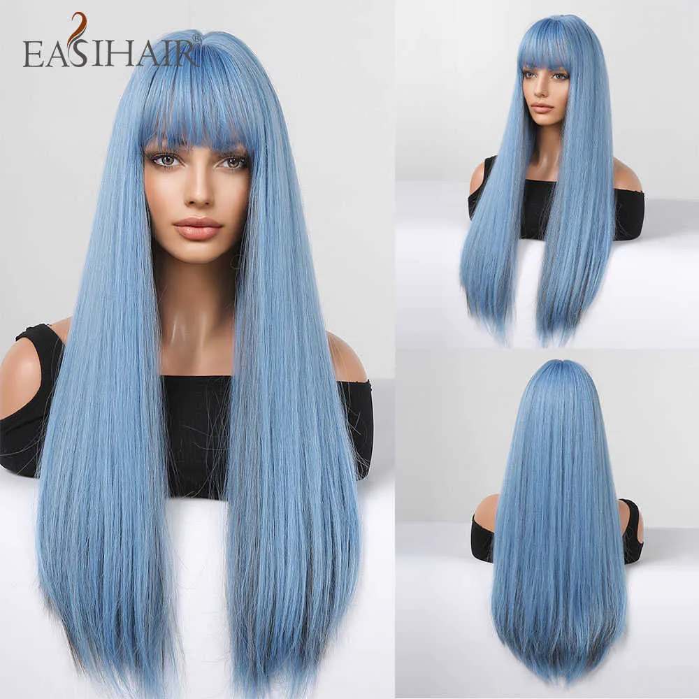 Синтетические парики easihair Длинные прямые синие синие синтетические парики с челкой натуральные волосы для женщин косплей вечеринка термостойкий волокно 230227