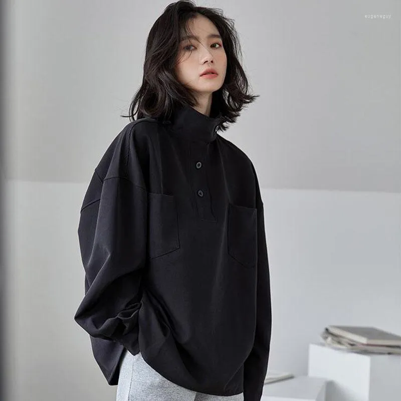 Dames blouses vriendje stijl chique knop stand kraag zwarte vrouwen blouse veer lange mouw losse tops Koreaans streetwear casual shirt