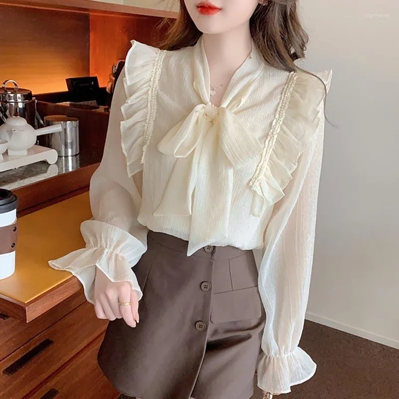 Blouzen voor dames chiffon blouse Koreaanse stijl vrouwen lange mouw bloemblaadje lente shirt en ruches boog solide elegante dames tops vrouwelijk 2023