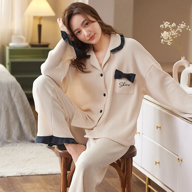 Dames slaapkleding Qsrocio dames pyjama's set mode wafel wafel gebreide vrijetijdskleding katoen gemengd lange casual woonkleding nachtkleding femme 3xl 230228