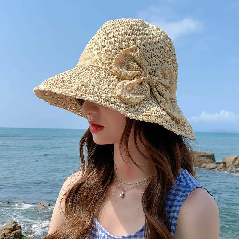 Chapeaux à large bord version coréenne été chapeau de paille femmes arc tissé plage seau casquette à la mode décontracté chapeaux de soleil en plein air à la mode pêcheur casquettes G230227