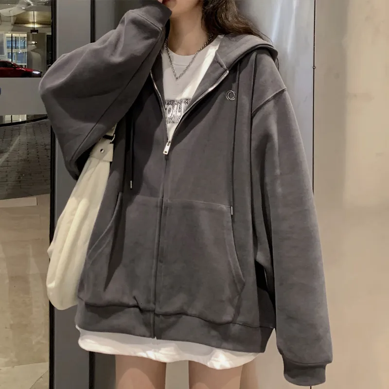 Dames hoodies sweatshirts dames Koreaanse stijl zipup Harajuku oversized vaste pocket capuchon