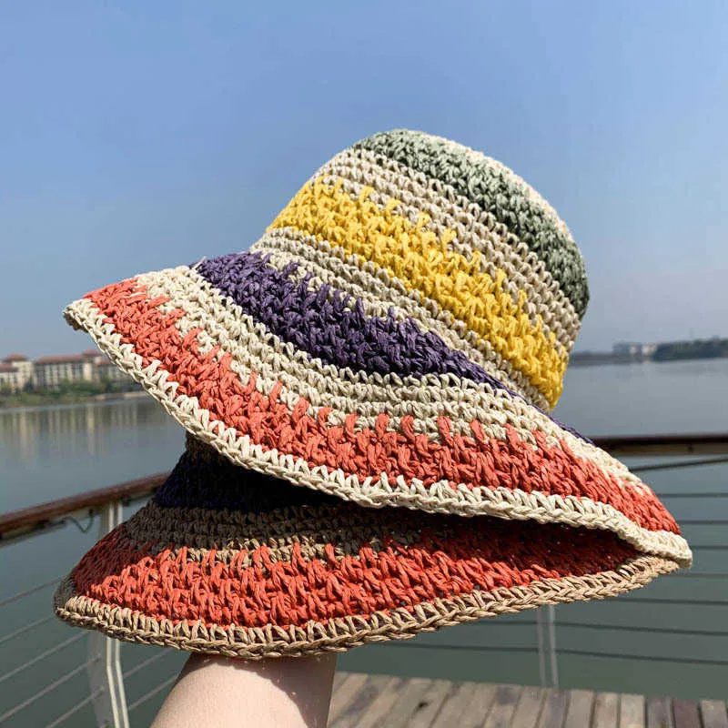 Cappelli a tesa larga Cappello da sole arcobaleno intrecciato a mano per le donne Cappello da spiaggia colorato per vacanze estive Cappello da spiaggia pieghevole per protezione solare Cappello di paglia G230227