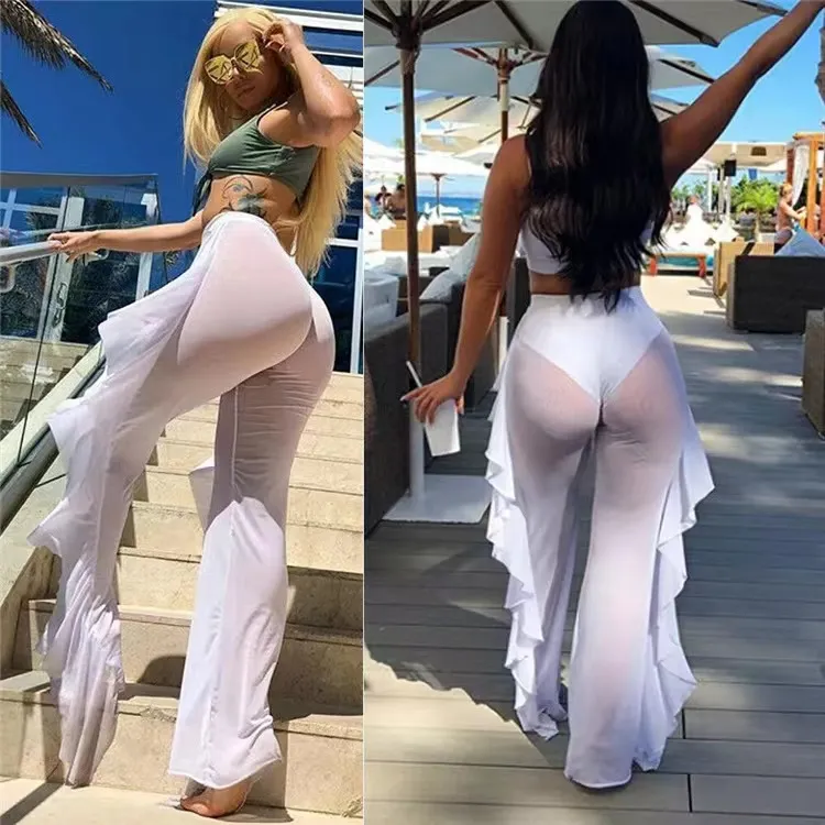 Sexy Women See Through Pants Bikini Cover Up Mesh Ruffle Bottoms Plus Size  Loose Long Trousers Beachwear Swimwear Swimsuit From Hot_sister, $20