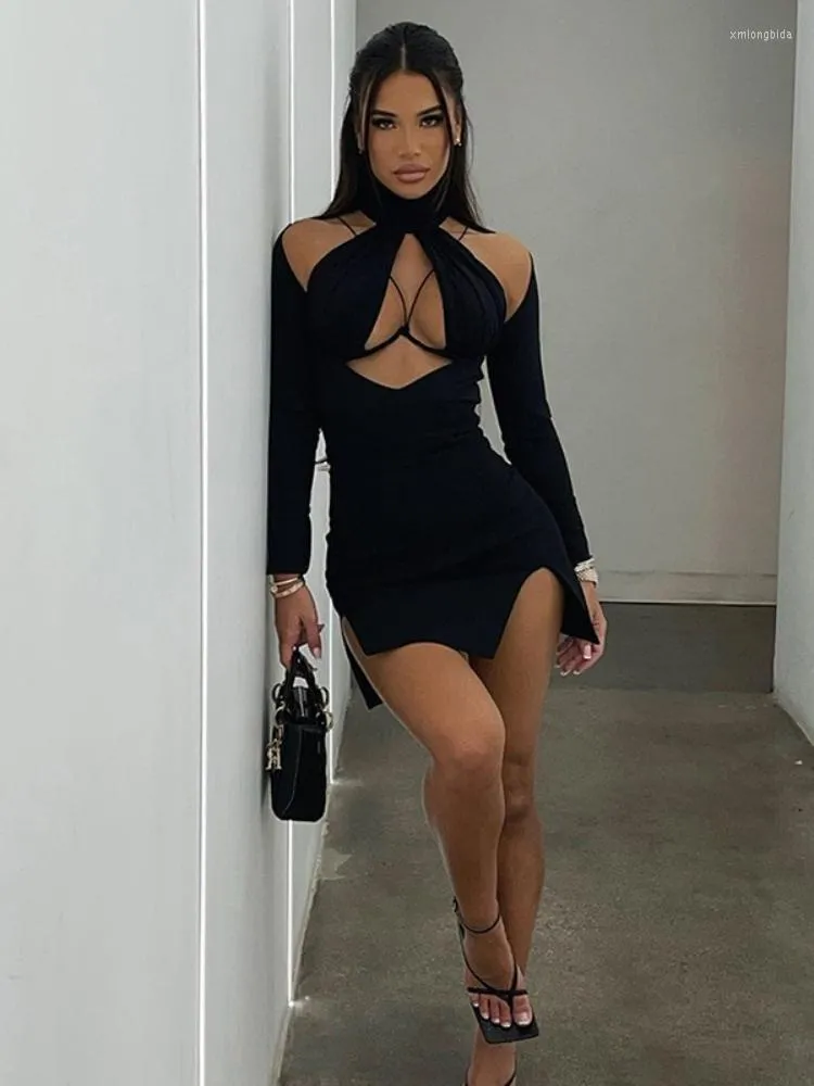 Casual Dresses Sexy Hollow Out Cross Halter Long Sleeve Mini For Women Black Club Outfits Slit Bodycon Dress