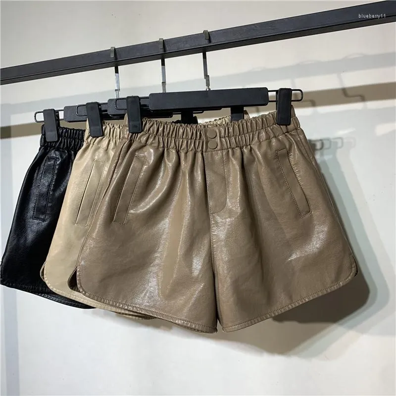 レディースショートパンツ高品質のPUレザーショートパンツ女性2023ファッション冬の女性服スタイルKHAKI HAREM WAIST GOOD