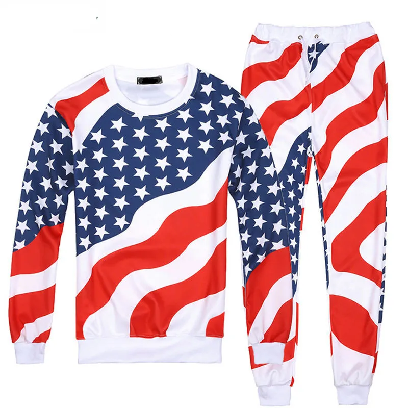 Hommes Survêtements Mode HommesFemmes Drapeau Américain Imprimer Crewneck SweatPants 2pcs Pulls Joggers Set Plus SXXL R2393 230228