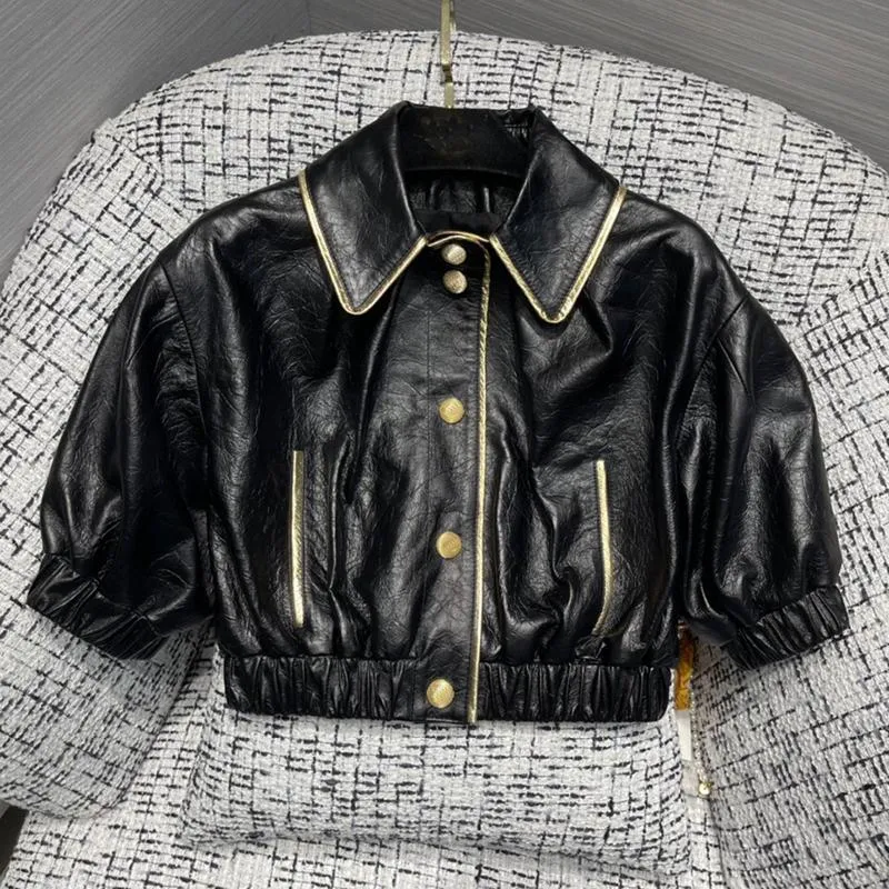 Kvinnorjackor Fashion Sheepskin Bomber Jacket för kvinnor Högsta slutkvalitet Black Lapel Collar Puff Sleeve äkta kort läderrock Lady 20