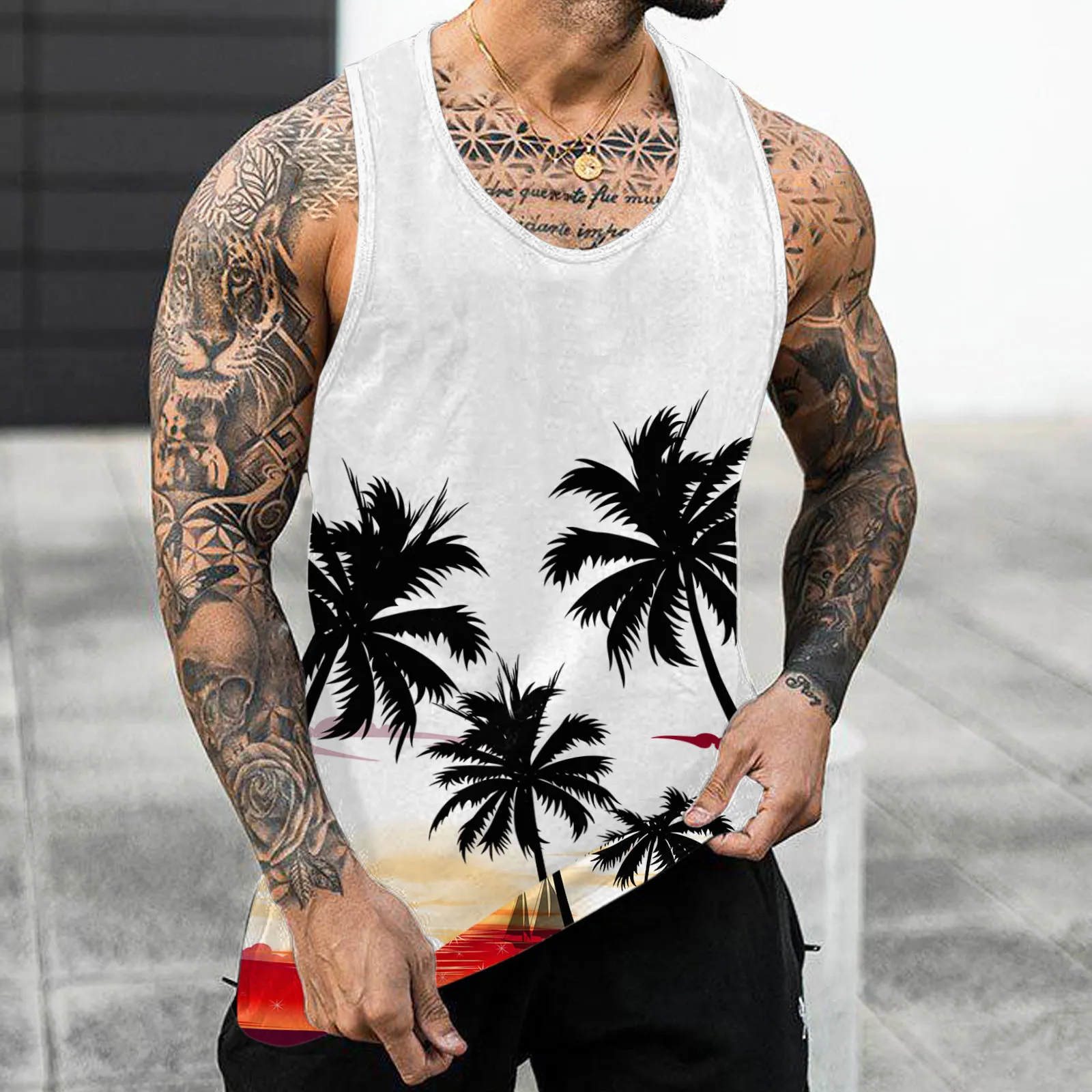 Мужские футболки Hawaii Palm Tree Print Print Printe Leeceps Tops Summer Casual Beach Vest O Sece Shirt Men Gym одежда бодибилдинг 230227