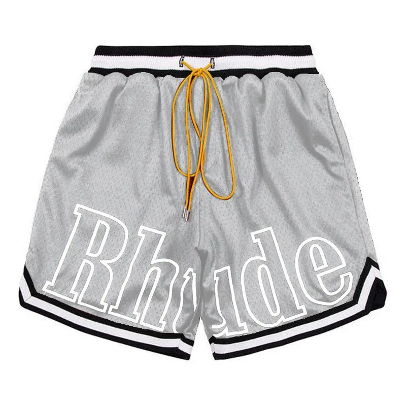 Herren-Shorts, Designer-Shorts, Rhude Herren-Kapsel, Sommer-Strandhose, Mesh-Material, atmungsaktiv, schweißfrei, locker, Fitness, Basketball, Herren-Shorts, Grau, Größe Mxl