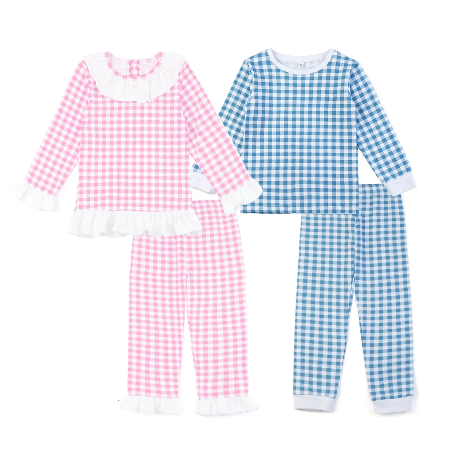 Pajamas Kids Pyjamas Gingham Easter Clothing Matching Pajamas Frill Pjs Girls Sleepwear 230228