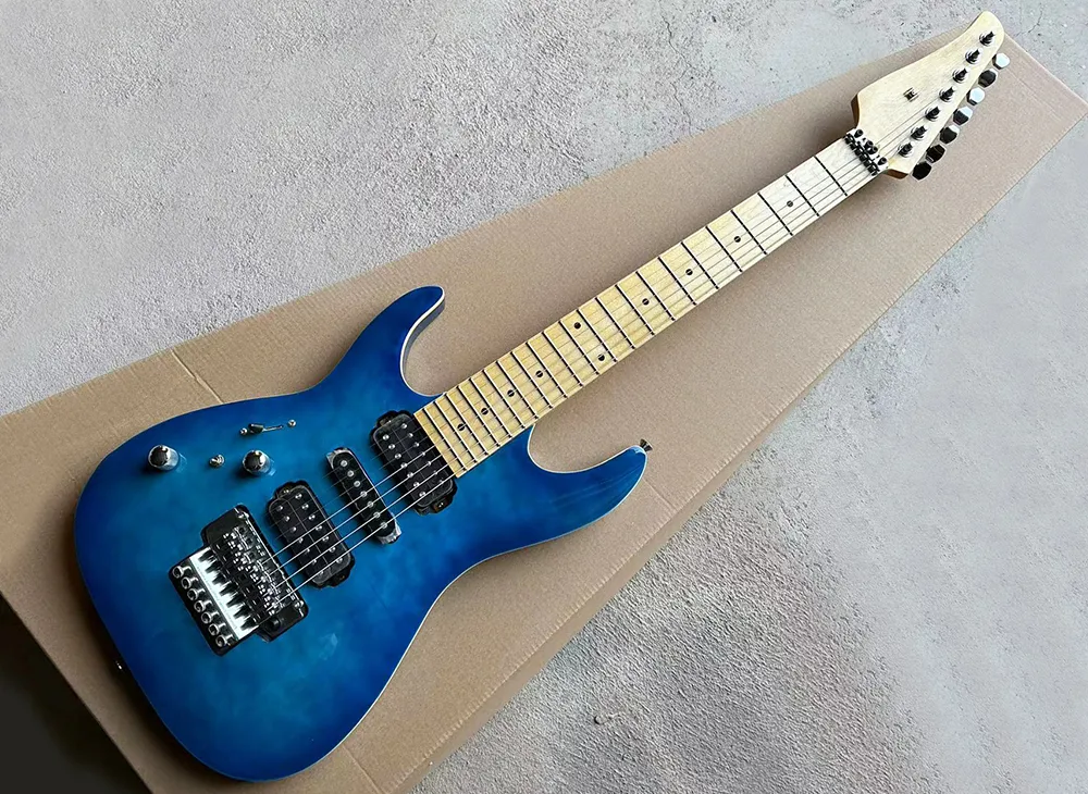 اليد اليسرى 7 سلاسل الغيتار الكهربائي الأزرق مع Floyd Rose ، Fretboard Maple