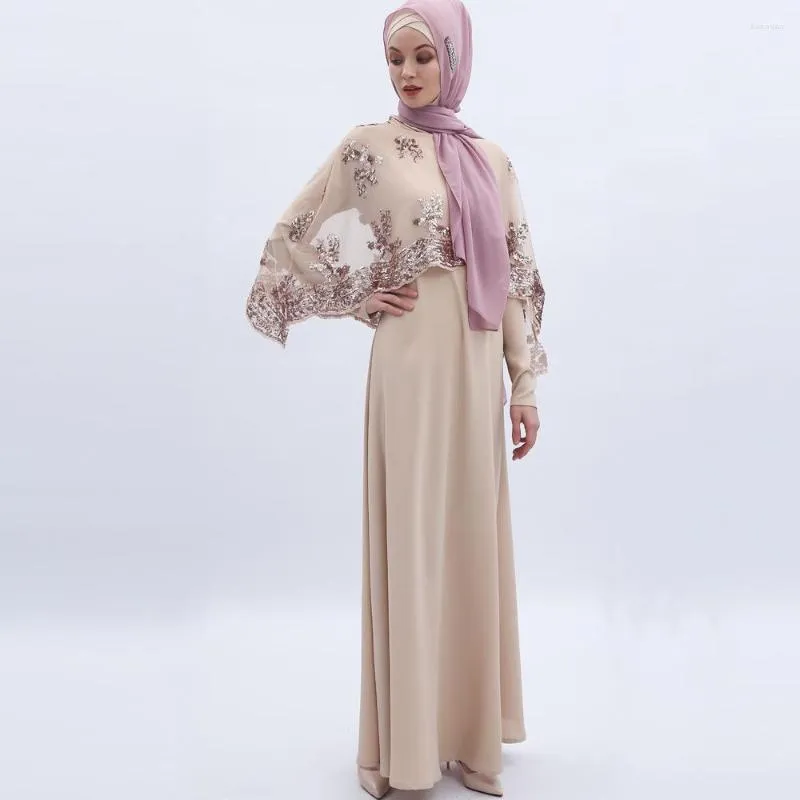 エスニック服2023二枚ドバイトルコイスラムファッションスパンコール刺繍ロングアバヤケープスタイル女性イスラム教徒のドレス