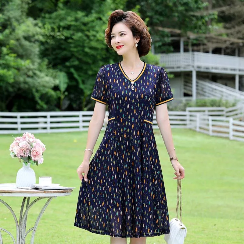 Casual Dresses Short Sleeve Midi Dress Women Long Summer Elegant V-ringning Vintage Mesh Stitching for Womencasual