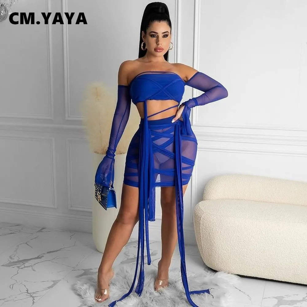 Two Piece Dress CMYAYA Women Set Solid Mesh Full Flare Sleeve Strapless Crop Tops Bandage Mini Skirts Two 2 Piece Sets Sexy Night Outfit Summer 230228