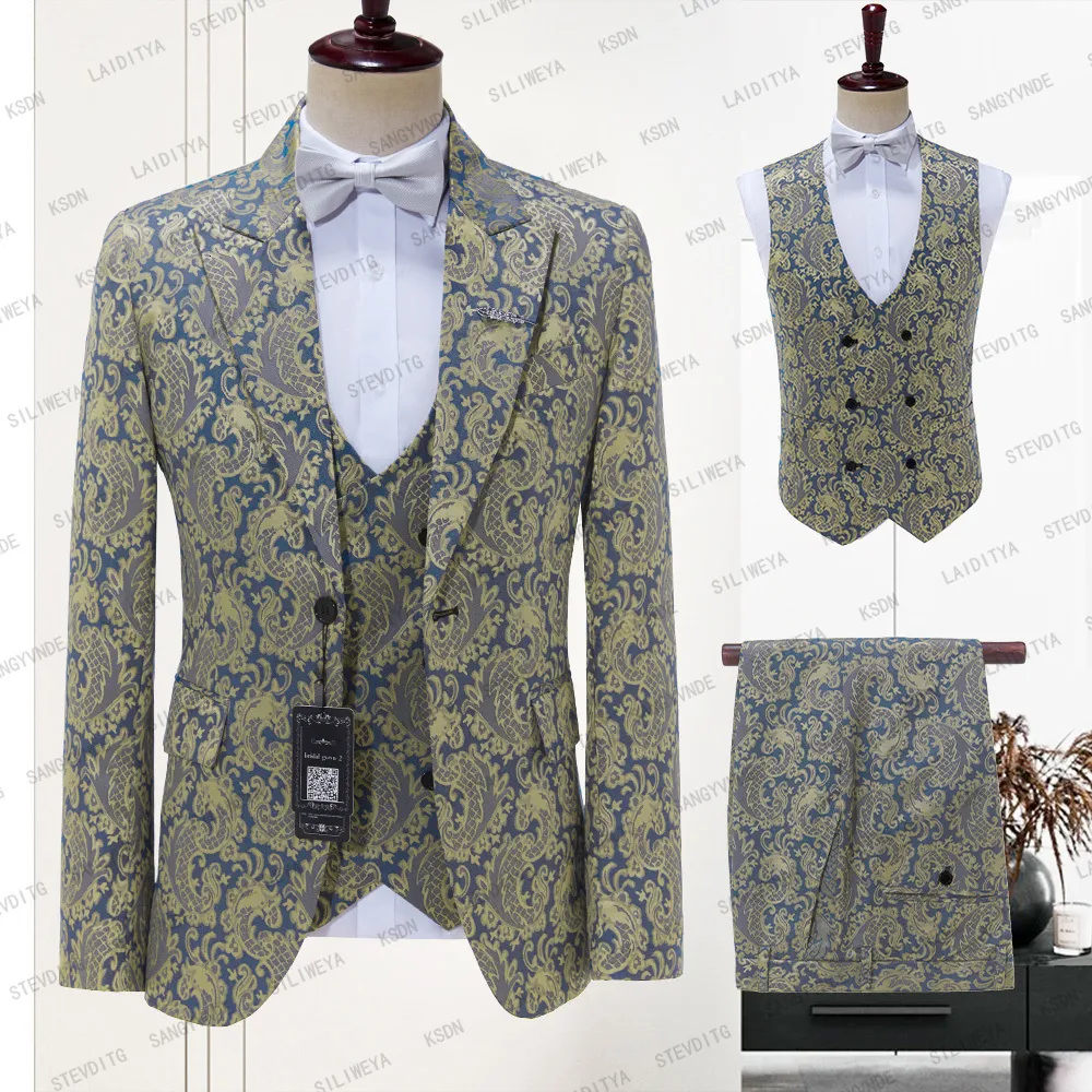 Men's Suits Blazers 2023 Luxury Wedding Tuxedo For Groom Slim Fit Men Blue Yellow Printed Lapel Costume Homme 3 Pcs Set Blazer Vest Pants 230227