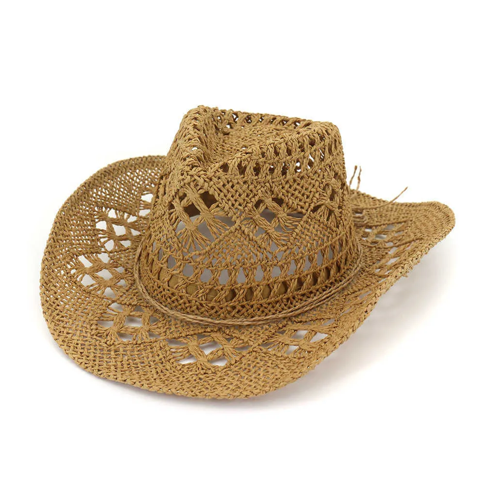 Summer Straw Cowboy Hat For Men & Women - Hollow Wide Brim Sun Hat With Adjustable Chin Strap, One Size Fits Most (Khaki)