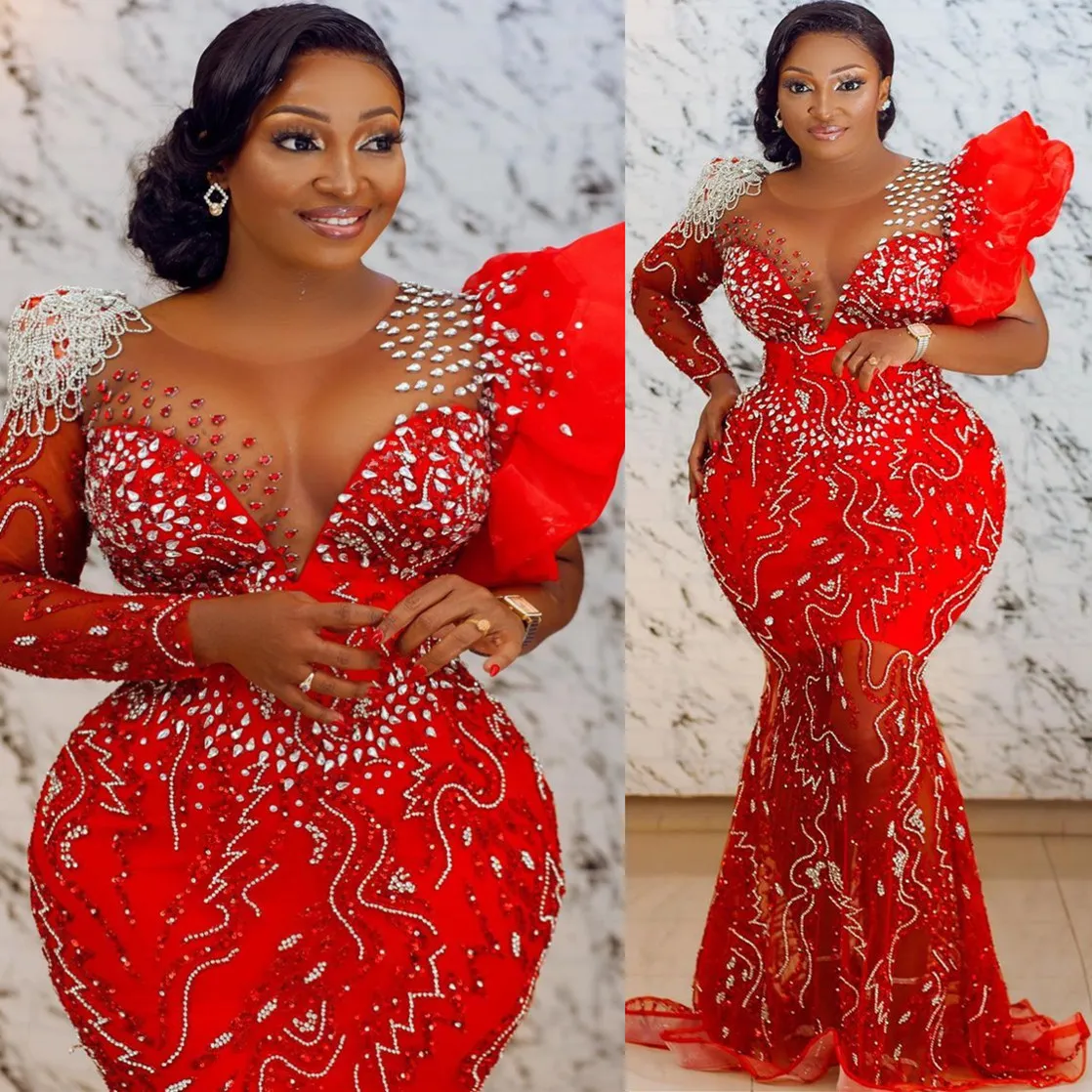 아랍어 2023 ASO EBI Mermaid Red Prom Dresses Crystals Beaded Evening Formal Party Second Reception Exection Gowns Dress ZJ777