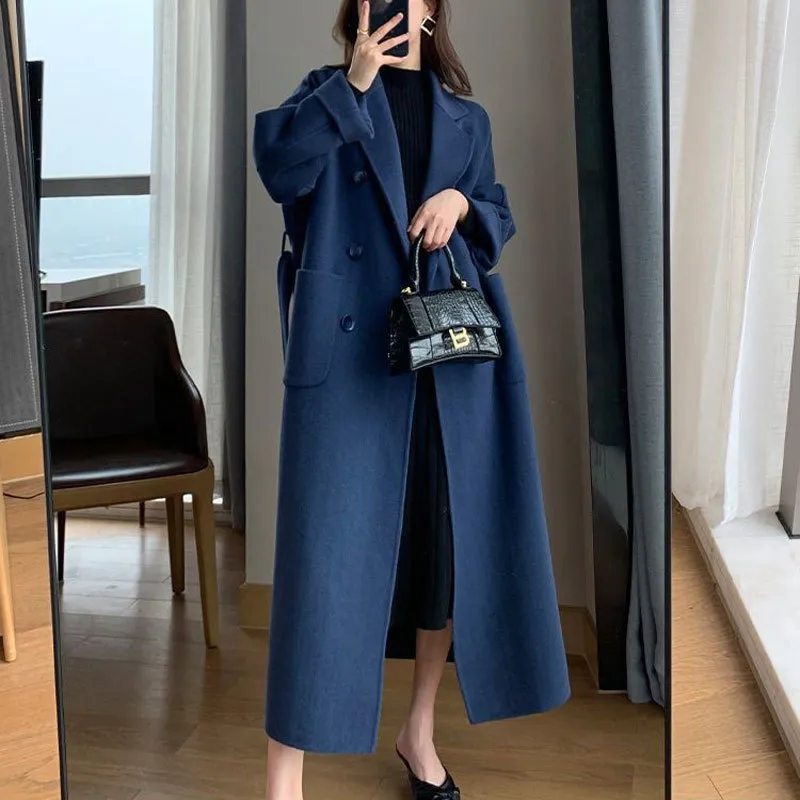 Mulheres misturas de lã misturas de lã de inverno trench coat para mulheres moda elegante coreano casual azul marinho rendas jaqueta longa mulher preta com blet 2024