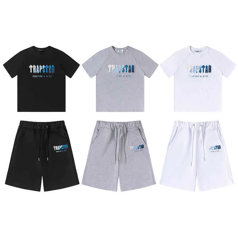 Marque de mode européenne et américaine trapstar blanc bleu serviette broderie lettres simples manches courtes Shorts Set