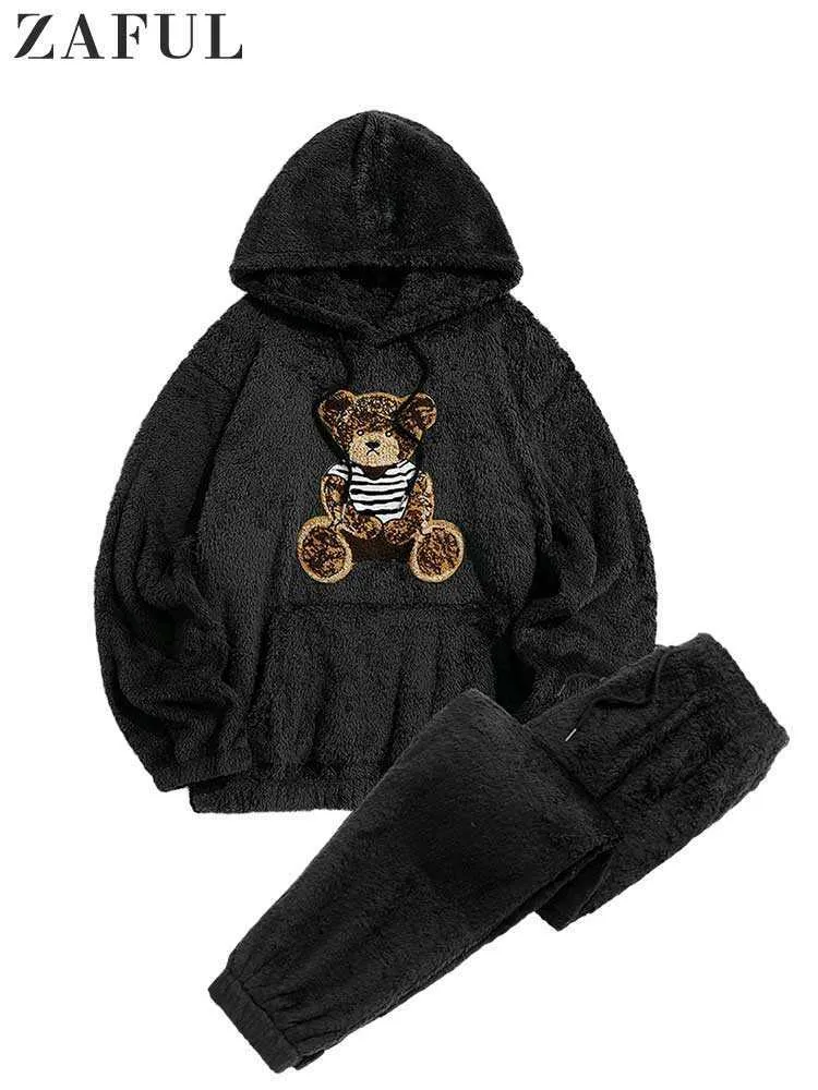 Herrspårar Zaful Men's Track and Field Wear Bear Mönster Hoodie Cotton Puffy Sweatshirt med byxdräkt benbyxor Z0224