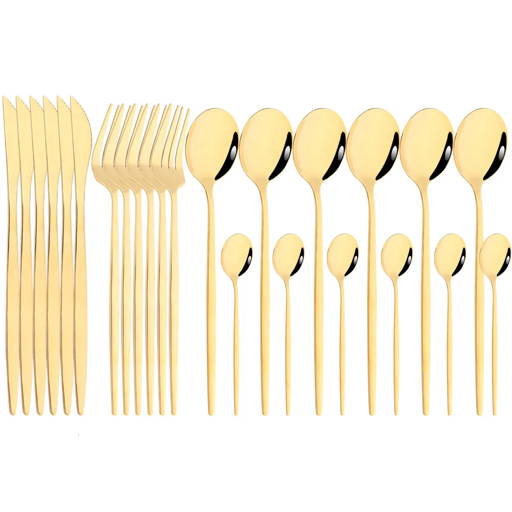 Dinnerware Sets Mirror 24 Pcs Gold Cutlery Kitchen Tableware Stainless Steel Knife Forks Spoons Silverware Home Flatware 230228