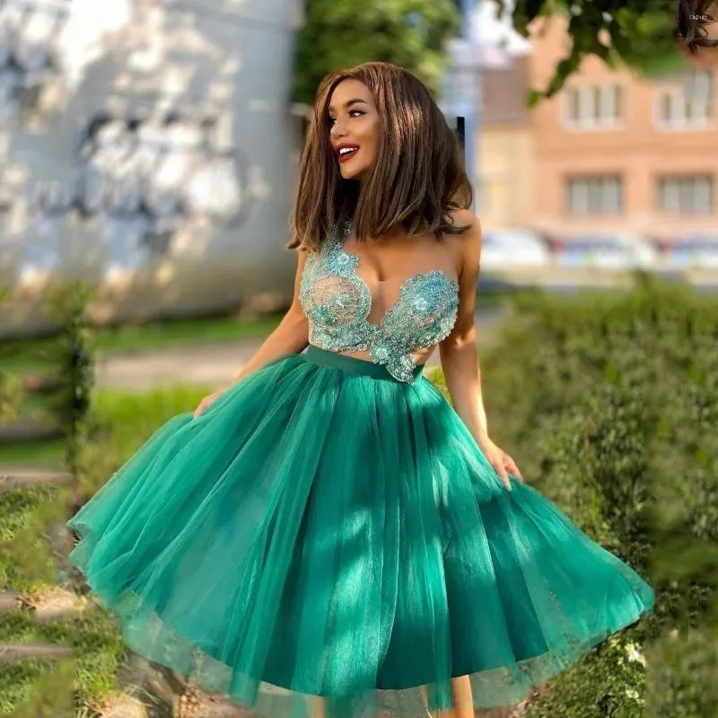 Vestidos de festa verdes bem doce case curto vilão de pescoço com o pescoço com mangas de tule vestido de baile de tule mulheres elegantes vestidos de coquetel de baile