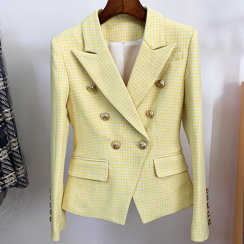 Women's Suits Blazers HIGH STREET est 2023 Fashion Designer Jacket Lion Buttons Double Breasted Slim Fitting Tweed Houndstooth Blazer 230228