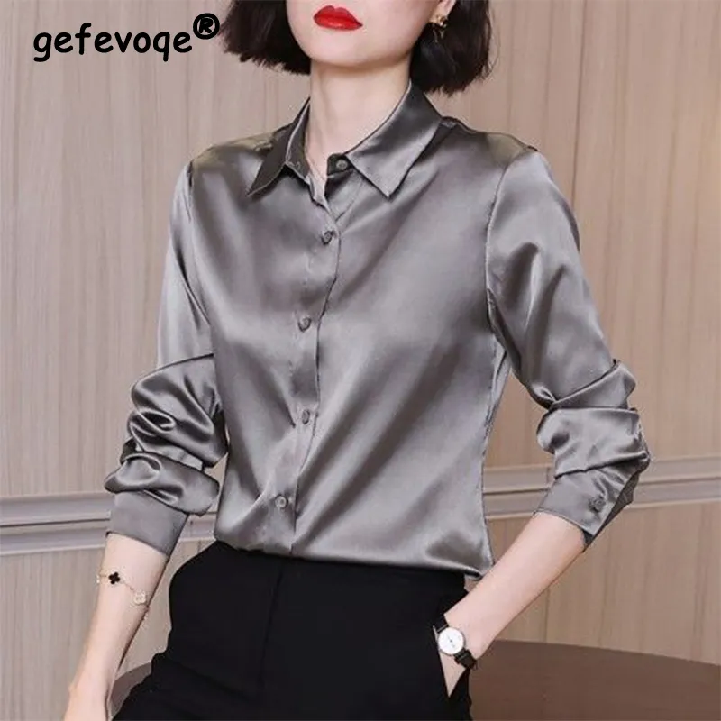 Women's Blouses Shirts Spring Summer Office Lady Solid Long Sleeve Satin Shirt Female Simple All-match Polo-neck Temperament Blouse Top Women Cardigan 230228