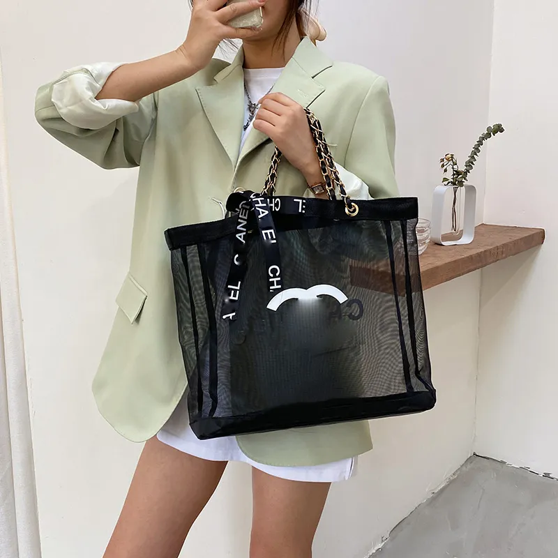 CHANEI Mesh-Strandtasche, Designer-Taschen, Handtasche, übergroße Strandtasche, vereinfachtes Logo mit großen Buchstaben, Einkaufstaschen, 42 x 34 x 9 cm