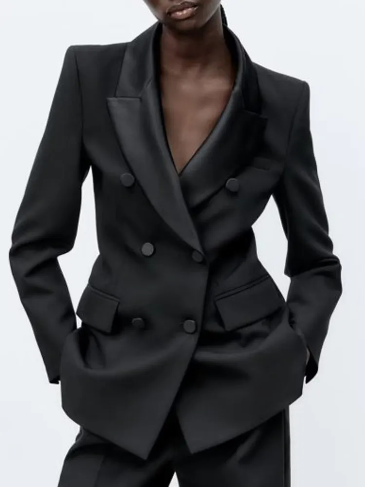 Dames pakken blazers kumsvag herfst vrouwen satijn blazers jassen pakken casual zwarte dubbele borsten vrouwelijk elegante ol blazer bovenkleding 230228