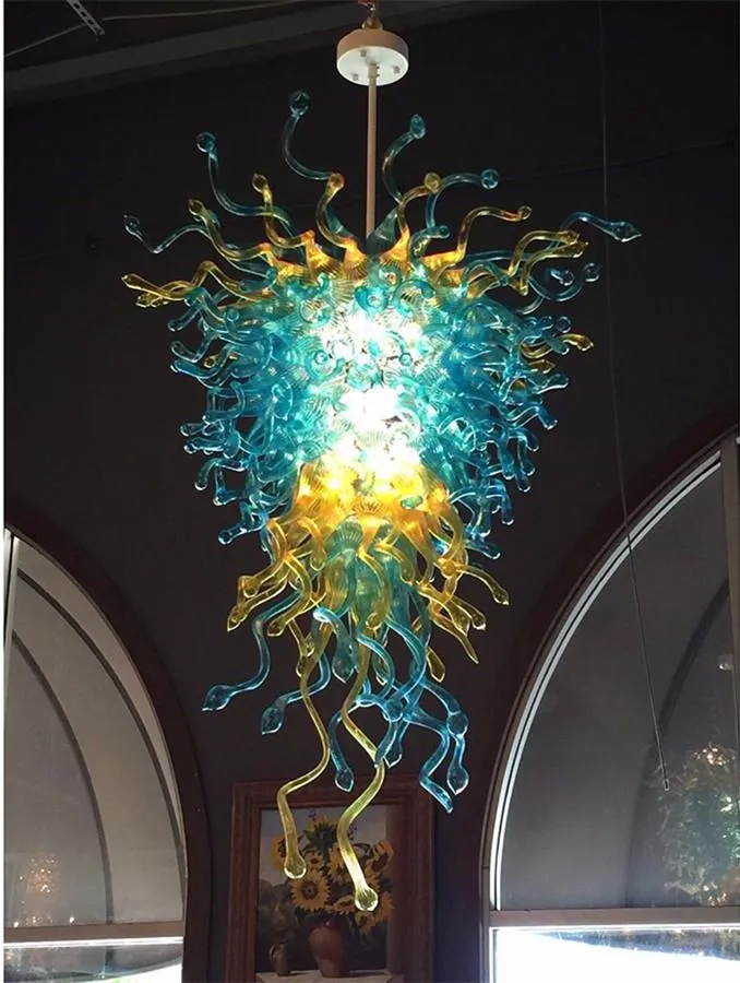 Lustres Mode Lustre En Verre Soufflé À La Main Bleu Et Ambre Couleur Art Éclairage Pour La Maison El Lobby Décor