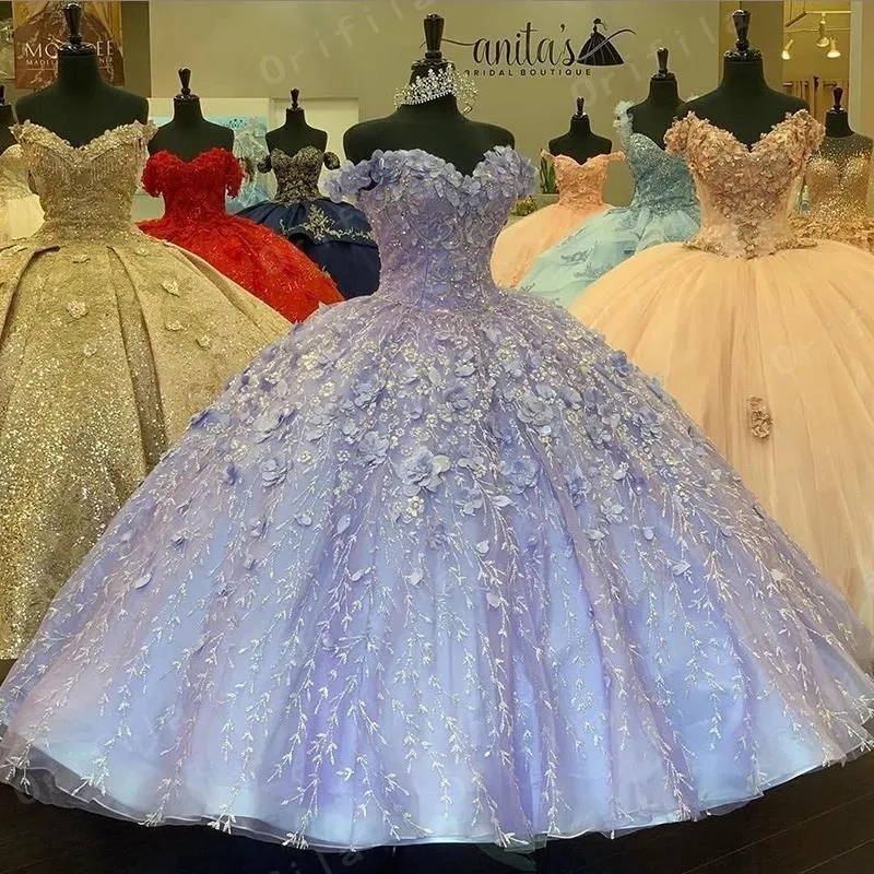 2023 Lavande Quinceanera Robes Fleurs faites à la main à la main sur les bretelles Bouteille de perle Longueur du sol en arrière CORSET SOIDE 16 PARY PROM BALL VESTIDOS