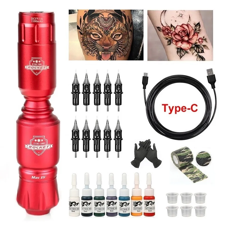 Tattoo Guns Kits Professional Tattoo Rotary Machine Pen Wireless Set With Batteries With 10pc Ink Cartridge Needles Kit Rocket Tattoo Machine Kit 230227