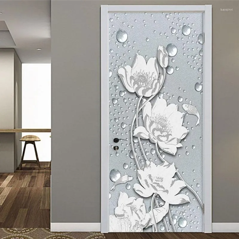 Wallpapers pvc deur sticker Chinese stijl 3D reliëf lotus bloemen behang woonkamer slaapkamer dineren sticker home design stickers