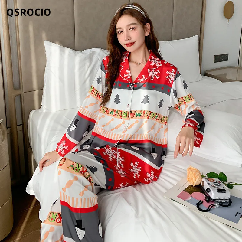 Kvinnors sömnkläder Qsrocio högkvalitativa kvinnors pyjamas set jultryck hemkläder silke som sömnkläder casual hemkläder lyx nattkläder femme 230227