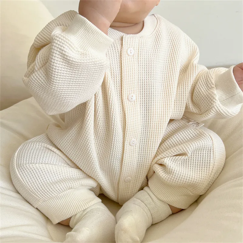 Jumpsuits born Baby Boy Waffle Jumpsuit Spring Autumn Girl Solid Bodysuits for Infants Cotton Casual Kids Clothes Boys Costumes 230228