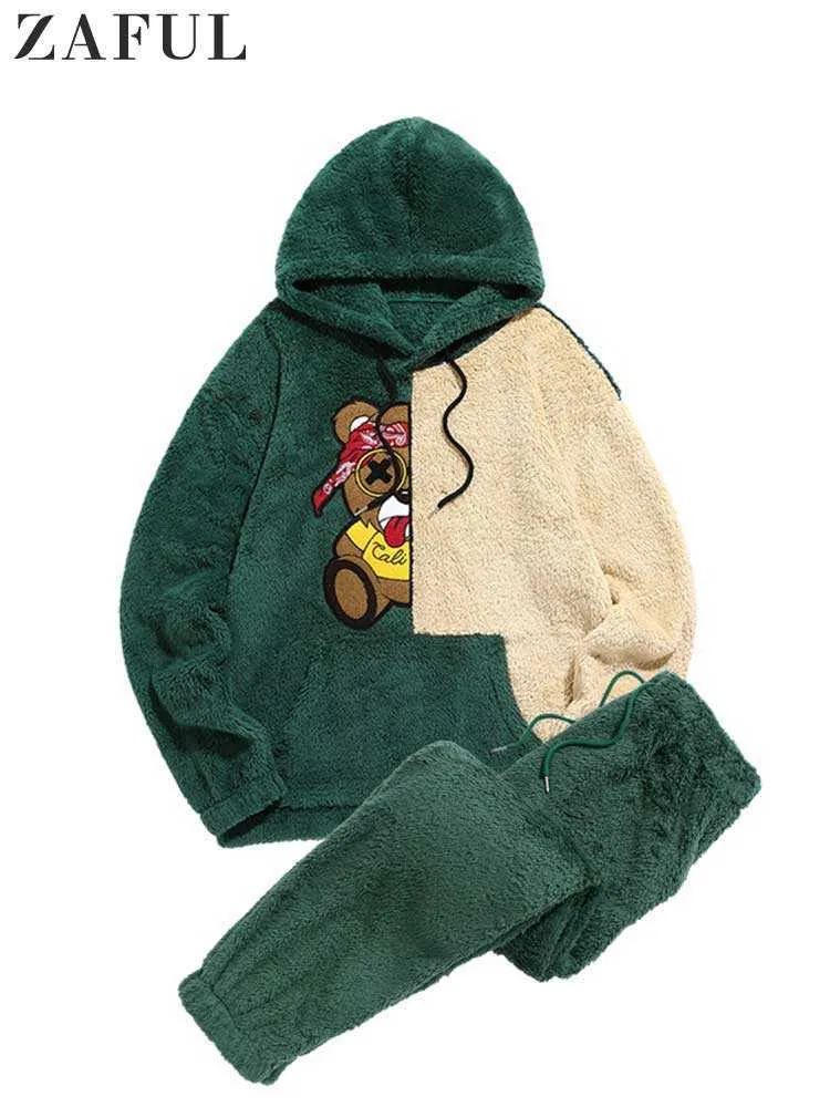 Ruides masculinos Zaful Men's Sportswear Color Lock Fuzzy Cartoon Bear Hoodie bordado com traje de calça de duas peças Terno da perna Z0224