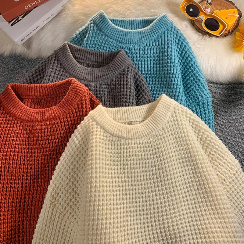 Men's Sweaters Privathinker Men's Waffle Sweaters Round Neck Solid Color Korean Style Male Knitted Pullovers Loose Casual Winter Knitwear 230228
