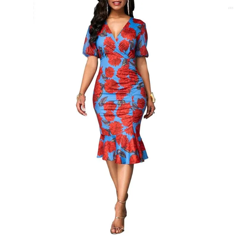 Casual jurken Elegante rode bloemenprint feestjurk voor vrouwen zomer v-neck korte mouw slank kantoor dame mermaid bodycon midi vestidos