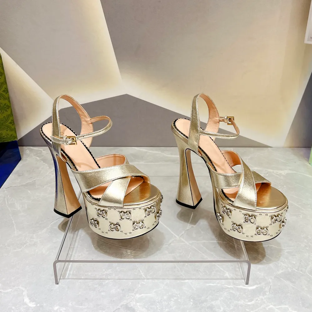 With Interlocking Embellished Cross Ankle Strap Horseshoe Heels G Stud