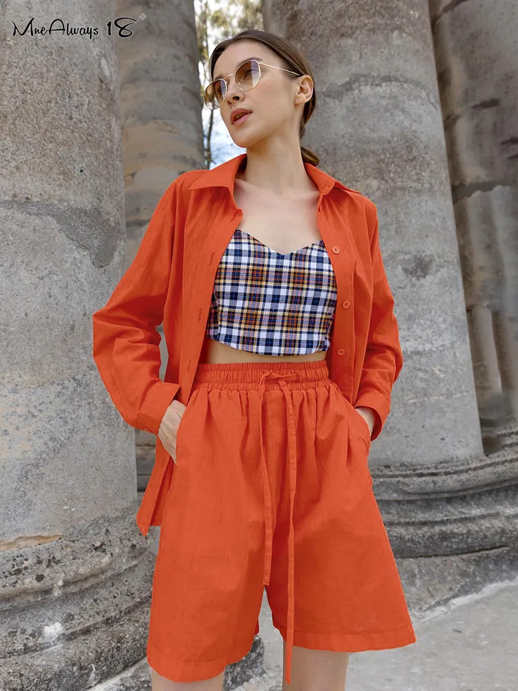 Womens Two Piece Pants Mnealways18 Drawstring Women Linen Shorts 2 Piece Set Casual Oversize Shirts And Wide Leg Shorts Suits Solid Summer Loose Outfit 230228