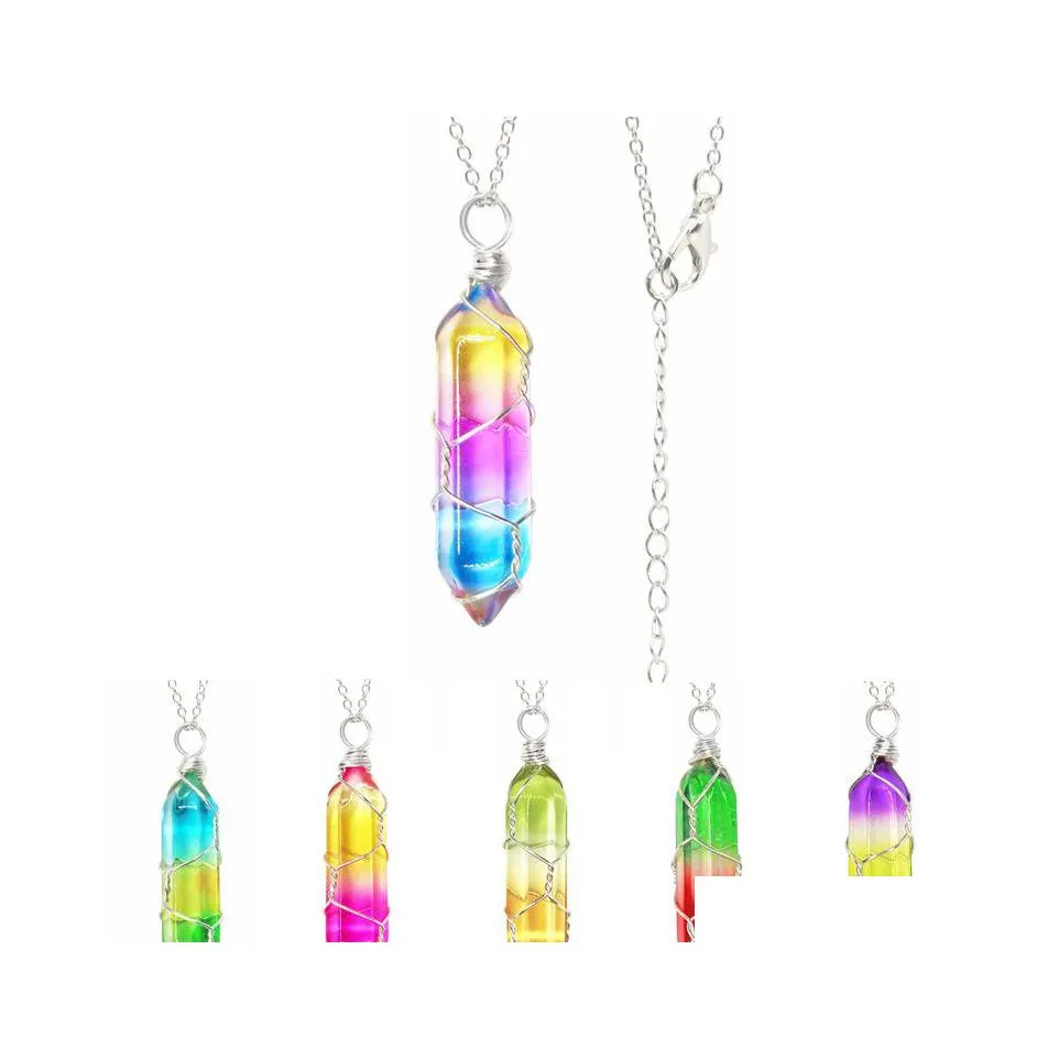 Colliers pendentif dvr de voiture en gros dégradé de verre coloré cristal hexagone charmes à la mode Sier fil doré Wrap pendentifs colliers pour femmes Dr Dhez7