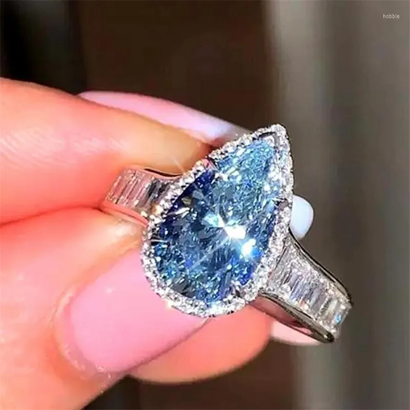 Bröllopsringar 2023 Luxury Sea Blue Water Drop Pear Cut Zircon Engagement Women's Party Ring Presents for Women
