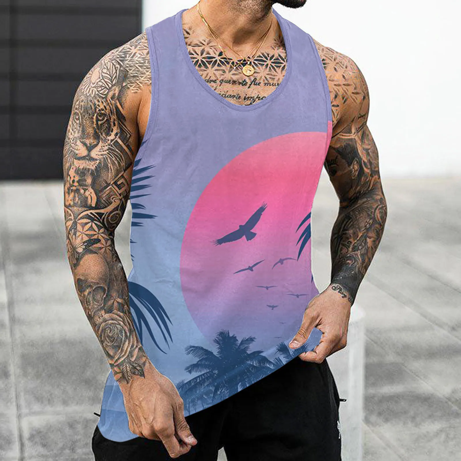 Printed sleeveless t clearance shirts