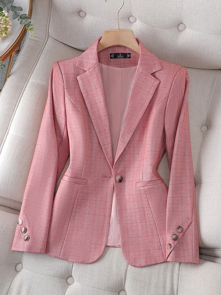 Kvinnors kostymer blazrar ankomst rosa svarta rutiga damer formella blazer kvinnor kvinnlig långärmad enkelknapp Slim Business Work Wear Jacket 230228