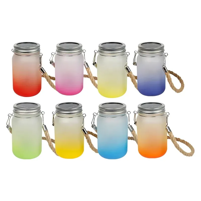 Wholesale 15oz 450ml Sublimation Glass Mason Jars With Rope Mason Wide Mouth Glass Mug Colored Gradient Frosted Z11